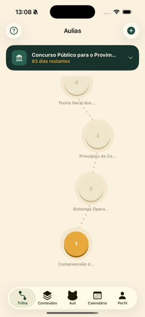 Tela da trilha do Aulias: um caminho pontilhado com quatro etapas numeradas, a primeira acesa em dourado, e um card verde com o nome do concurso e o prazo até a prova.